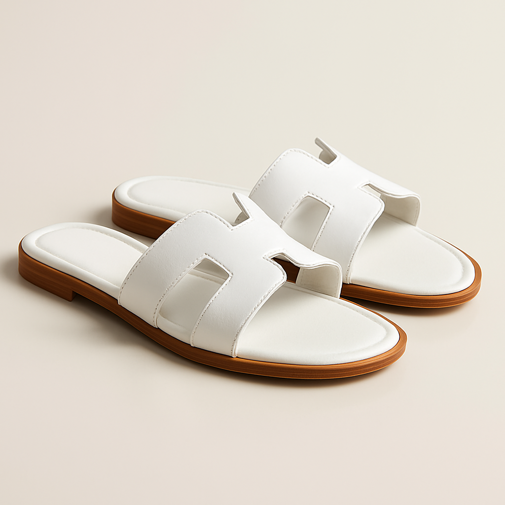 Minimalist Leather Slides White H-Strap Design with Wood Sole - Product showcase