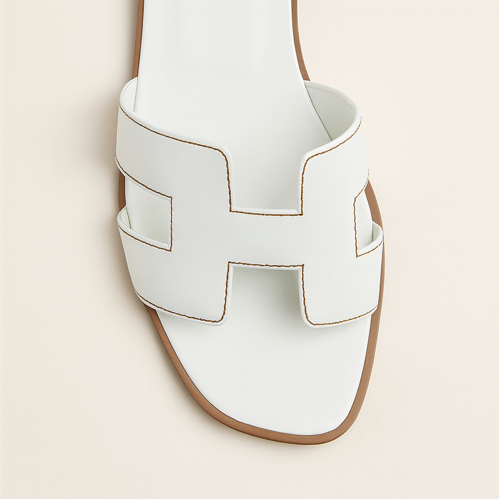 Minimalist Leather Slides White H-Strap Design with Wood Sole - Detailed view