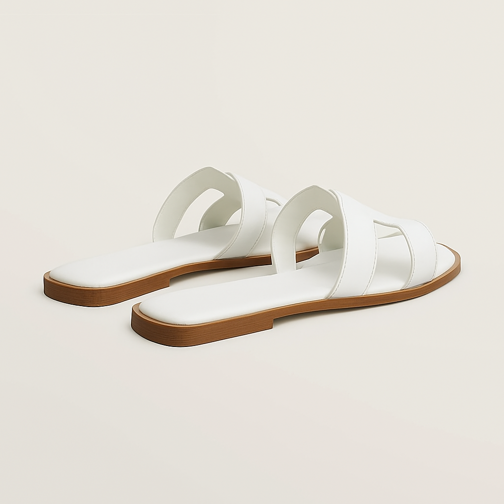 Minimalist Leather Slides White H-Strap Design with Wood Sole - Product detail 4