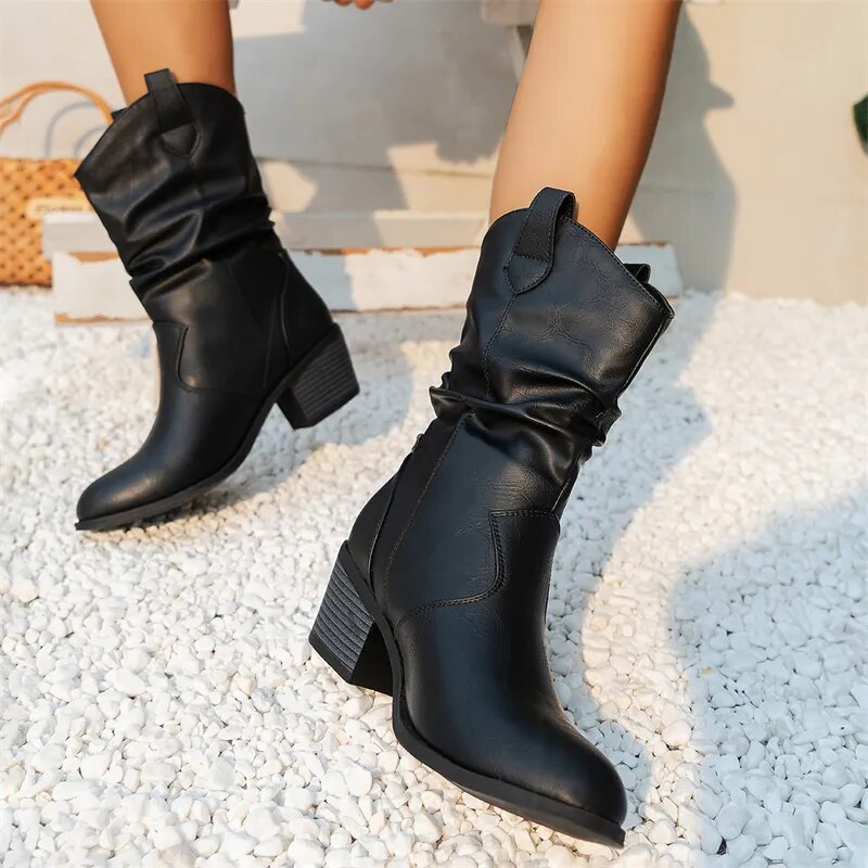 Western Leather Ankle Boots Mid Heel Slouch Design - Detailed view