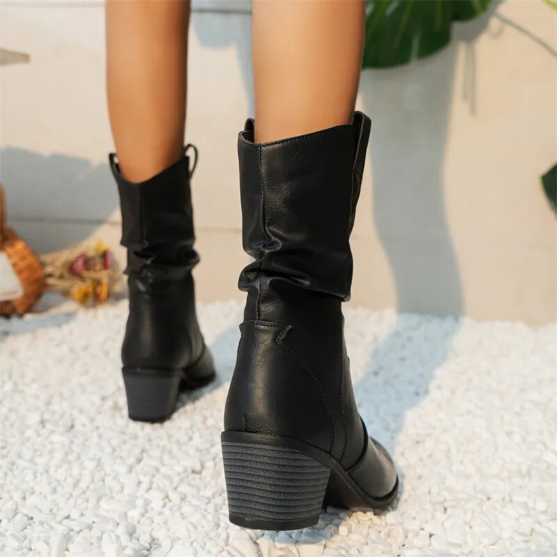 Western Leather Ankle Boots Mid Heel Slouch Design - Product detail 4