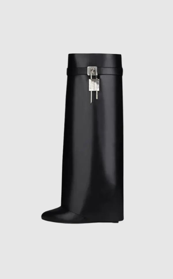 Modern Wedge Boots  Black Vegan Leather With Lock Detail - Product showcase