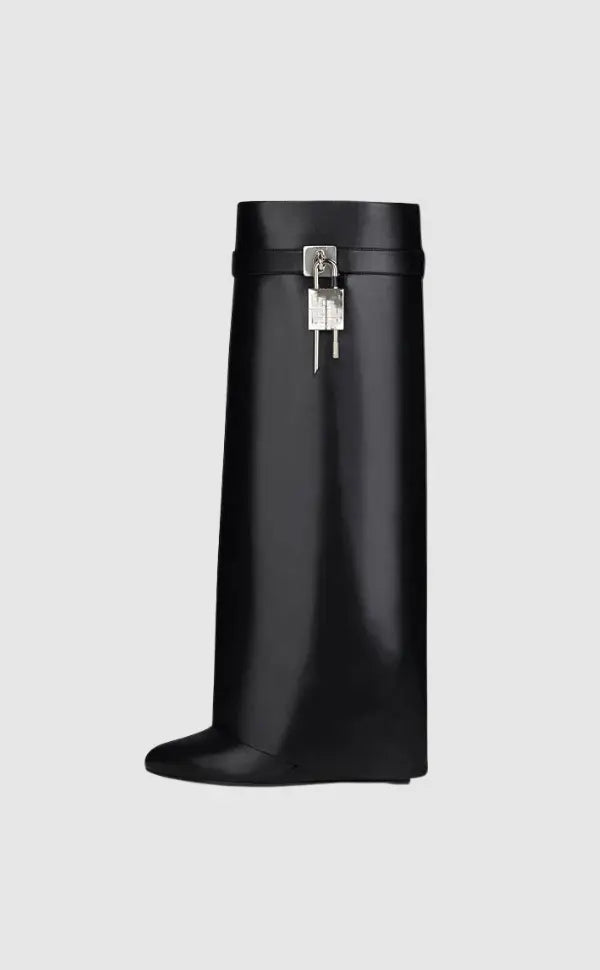 Modern Wedge Boots  Black Vegan Leather With Lock Detail - Product example