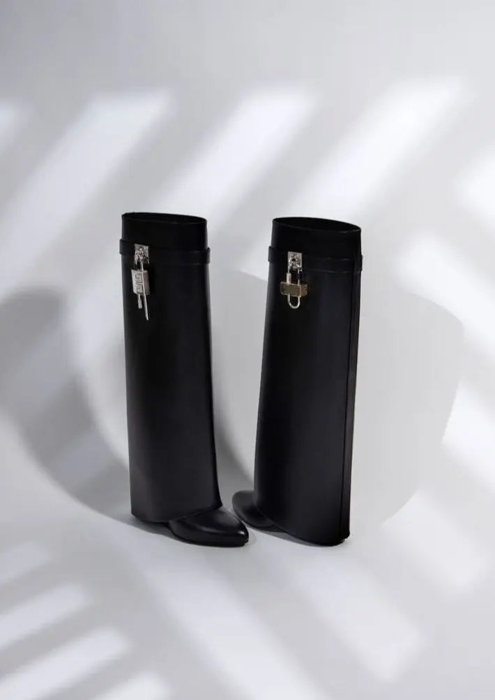 Modern Wedge Boots  Black Vegan Leather With Lock Detail - Product detail 7