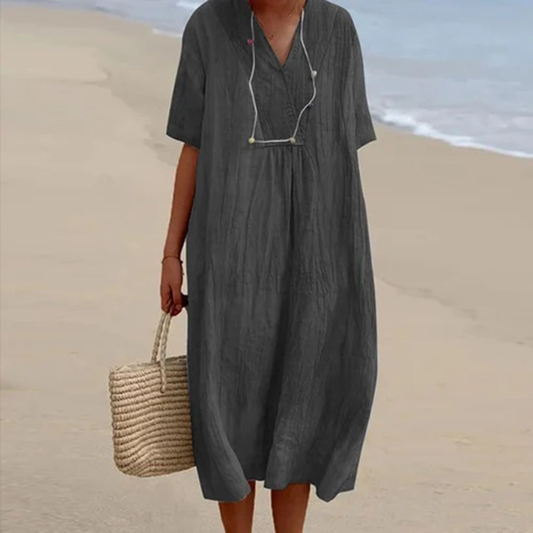 Summer Linen Midi Dress V-Neck Loose Fit Design - Detailed view