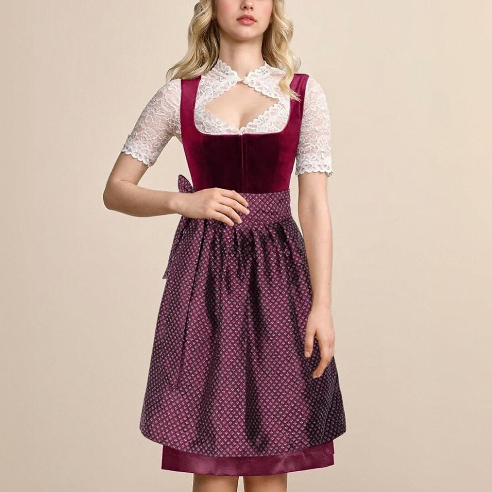 Traditional Dirndl Dress  Burgundy Velvet with Lace Detail - Product showcase