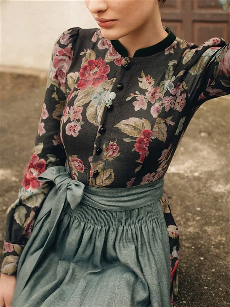 Vintage Floral Dirndl Dress Traditional Black With Sage Apron - Product showcase