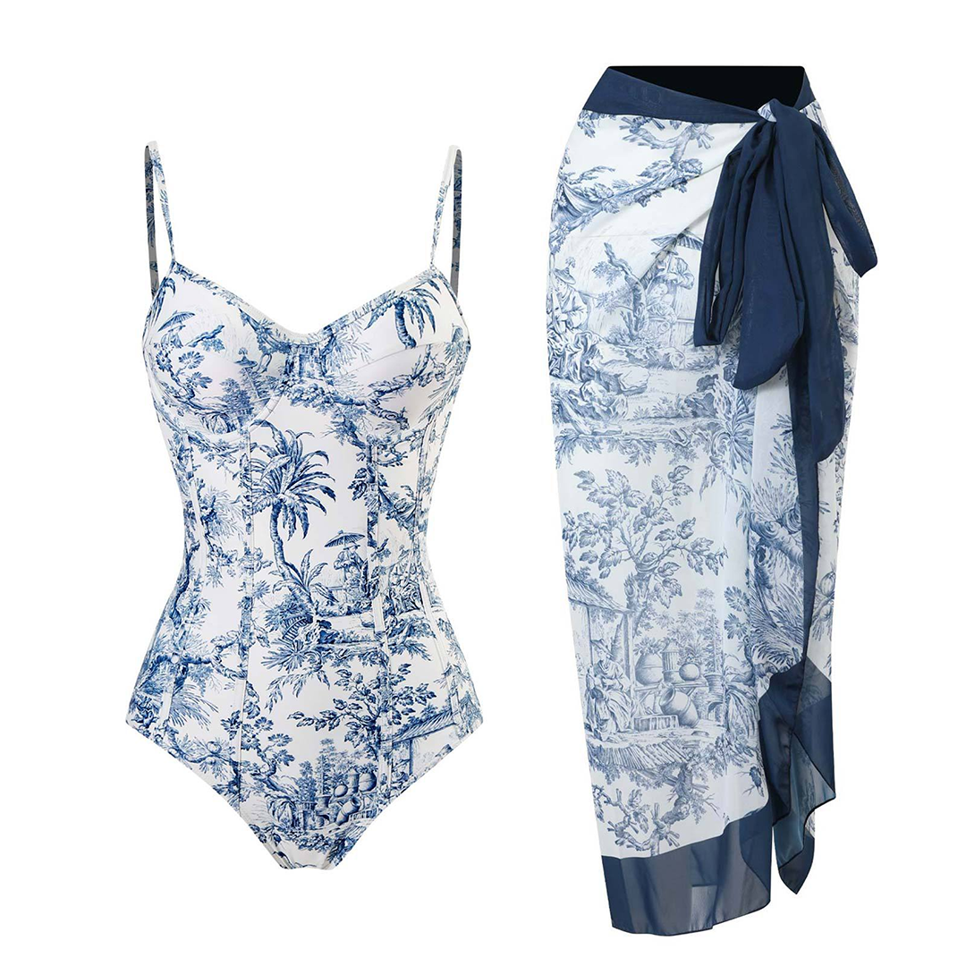 Toile Print Swimsuit Set Blue and White One-Piece With Sarong - Product showcase