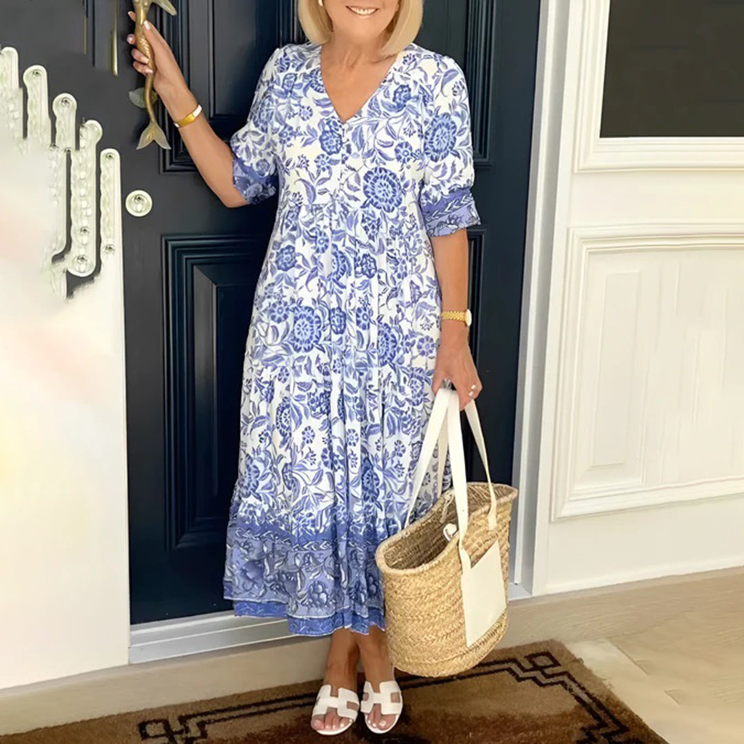 Floral Maxi Dress Blue and White V-Neck Pattern - Product showcase