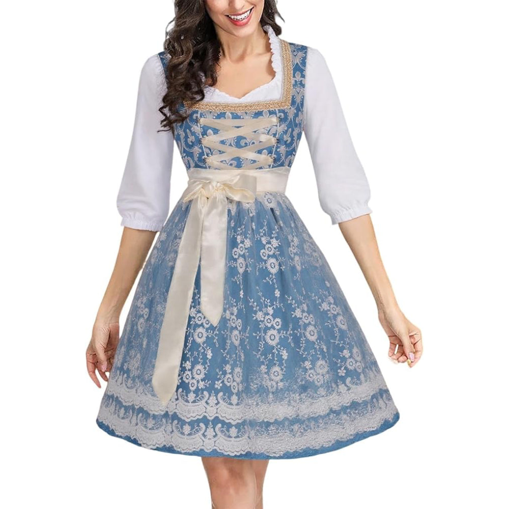 Traditional Dirndl Dress Royal Blue Floral Embroidery With Lace Apron - Product showcase