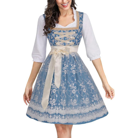 Traditional Dirndl Dress  Royal Blue Floral Embroidery With Lace Apron - Product showcase