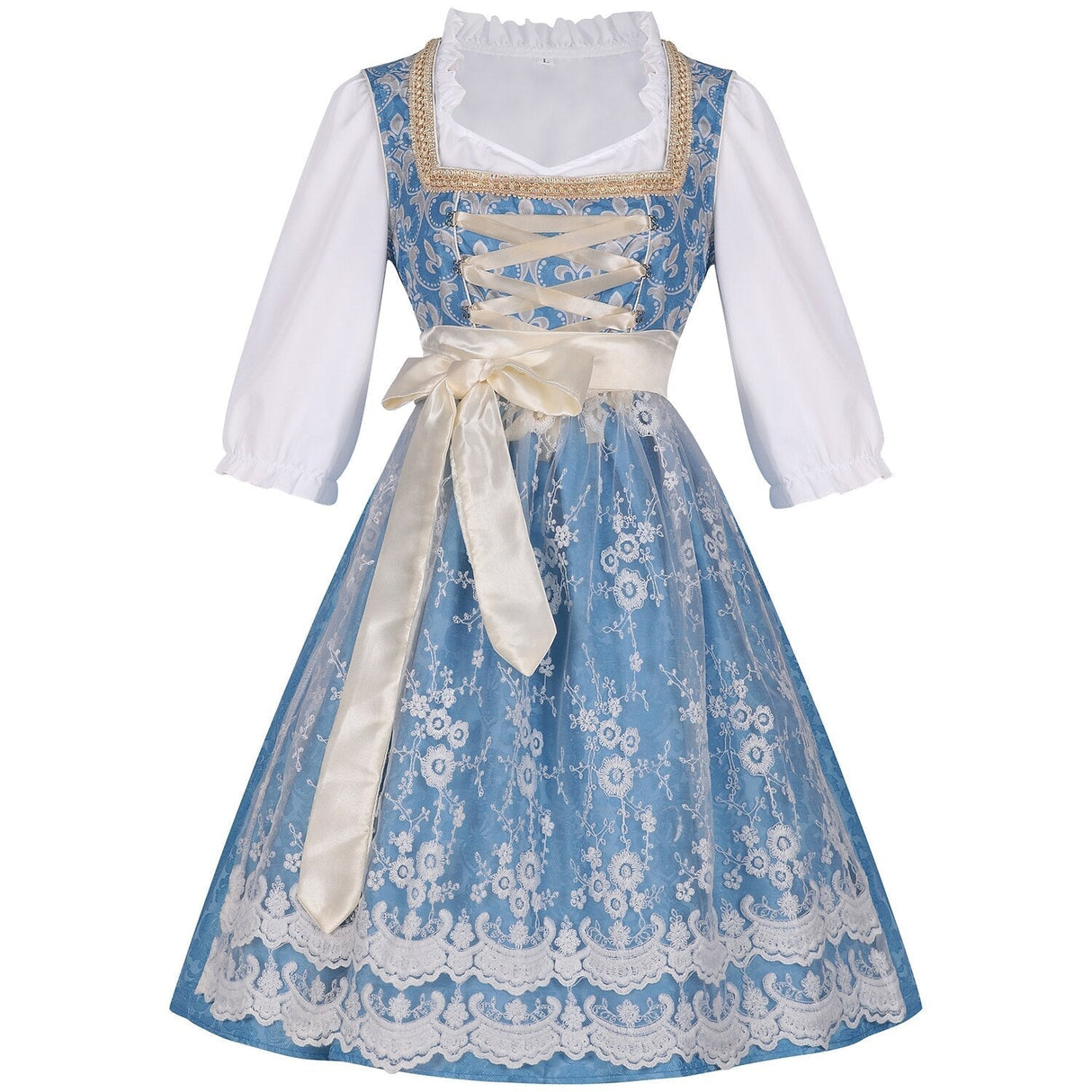 Traditional Dirndl Dress Royal Blue Floral Embroidery With Lace Apron - Detailed view