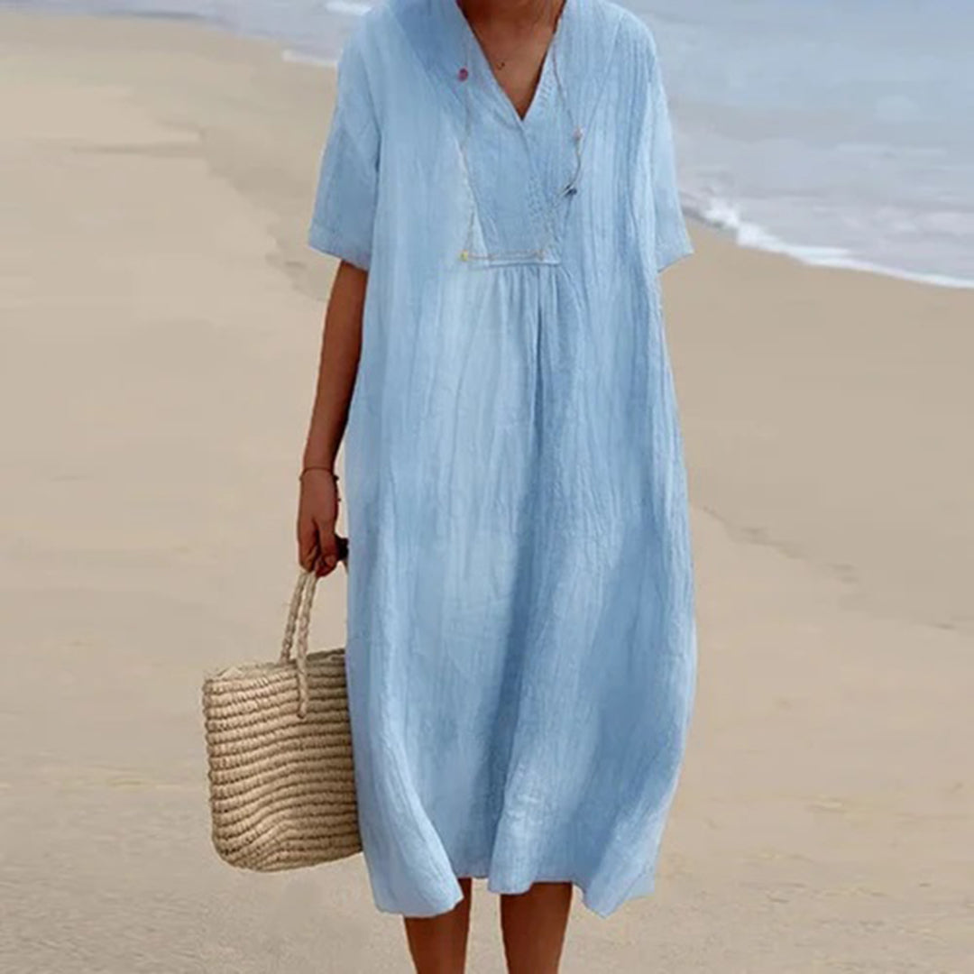 Summer Linen Midi Dress V-Neck Loose Fit Design - Product showcase