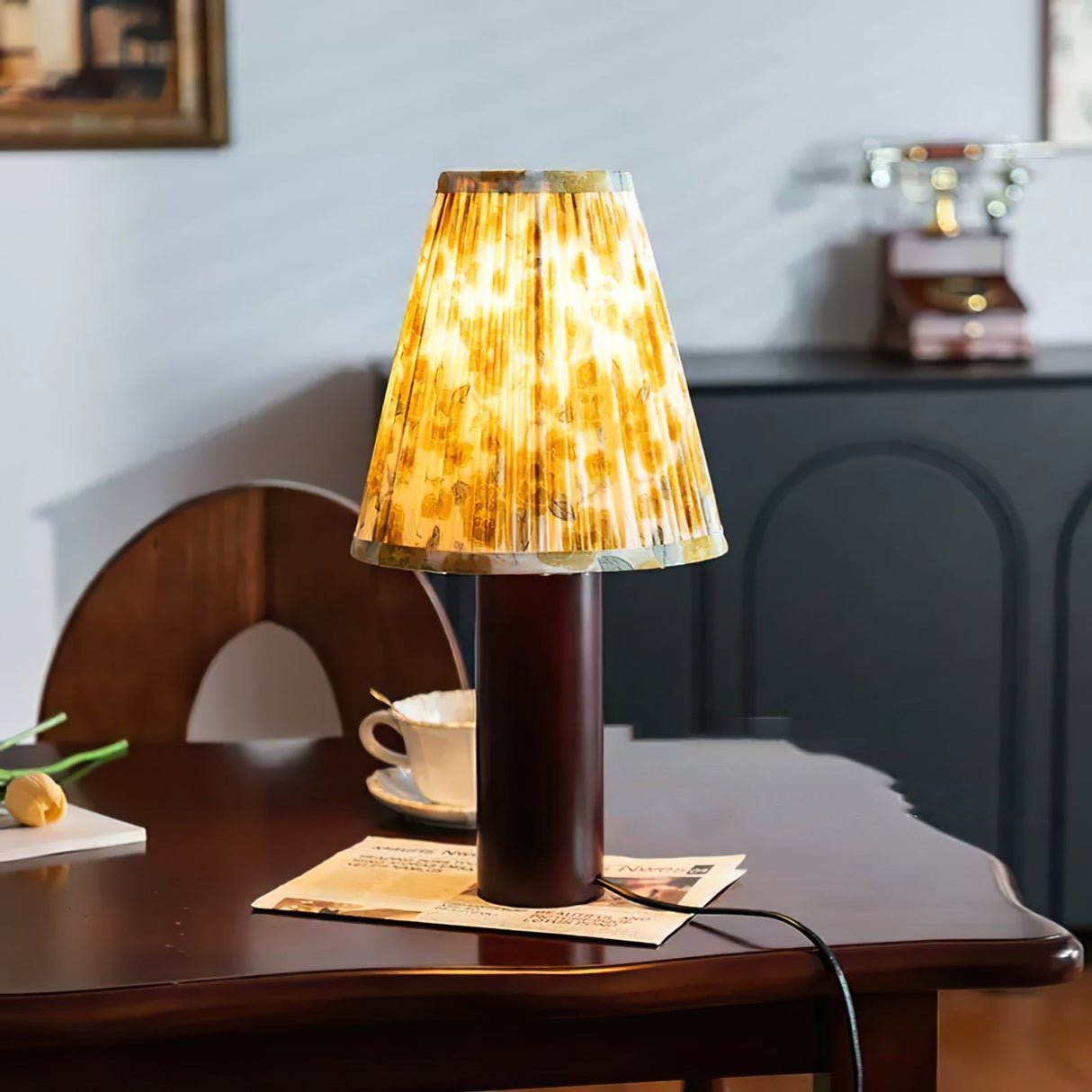 Mid Century Table Lamp Wooden Base with Floral Shade - Detailed view