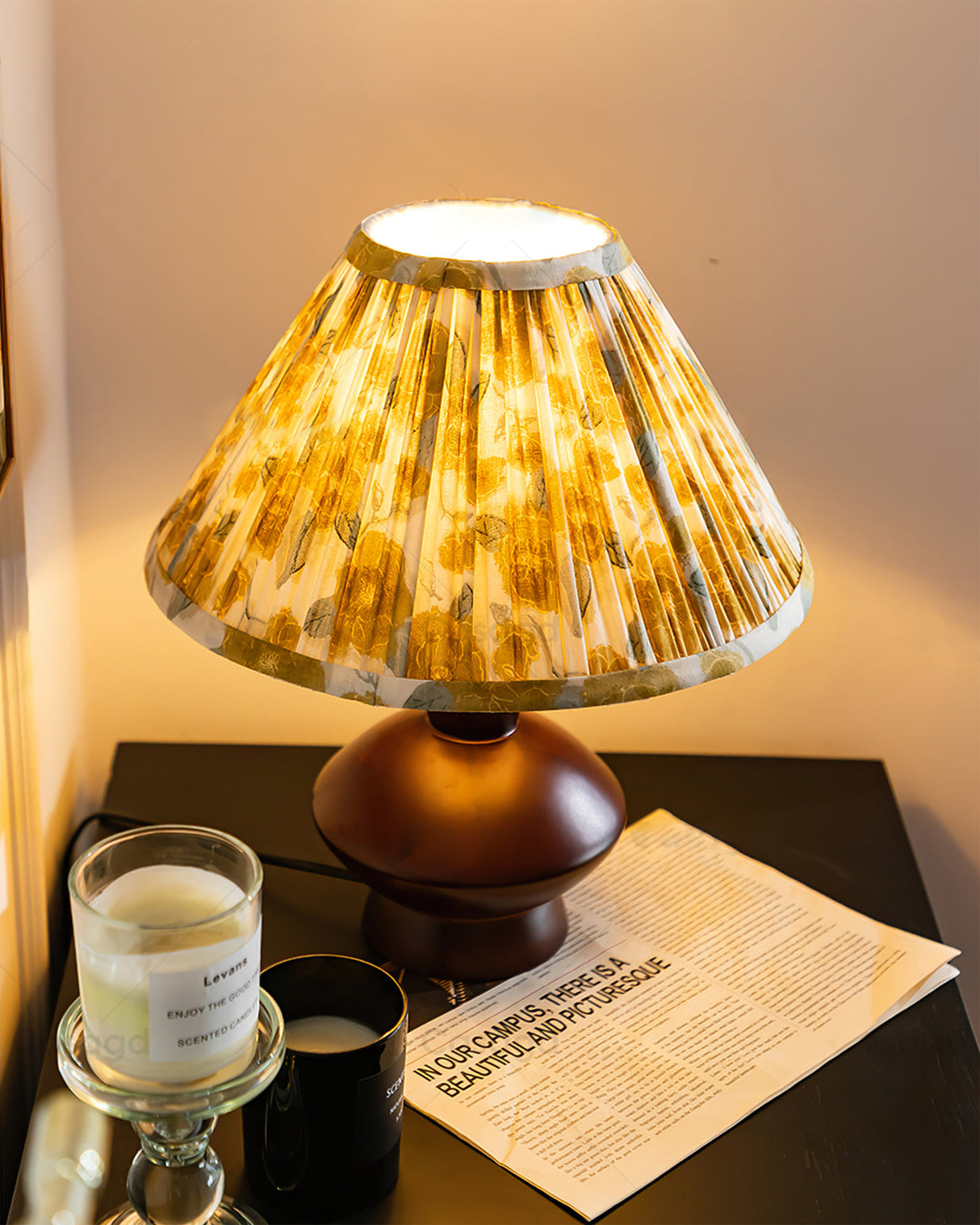 Mid Century Table Lamp Wooden Base with Floral Shade - Product example