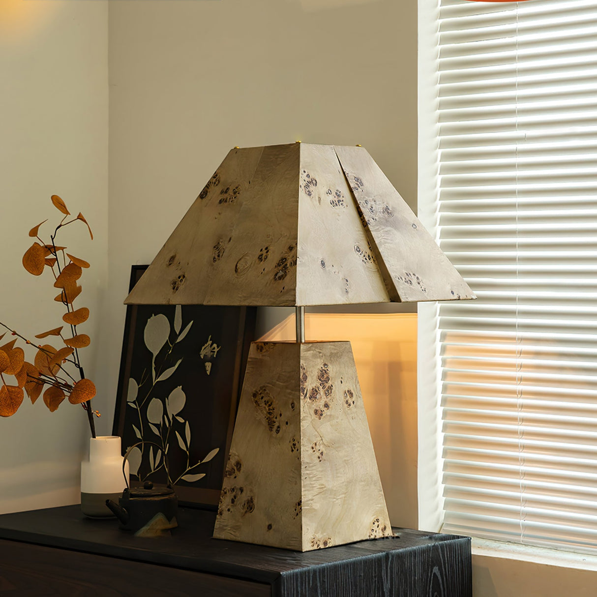 Geometric Wood Table Lamp Pyramid Design With Natural Finish - Detailed view