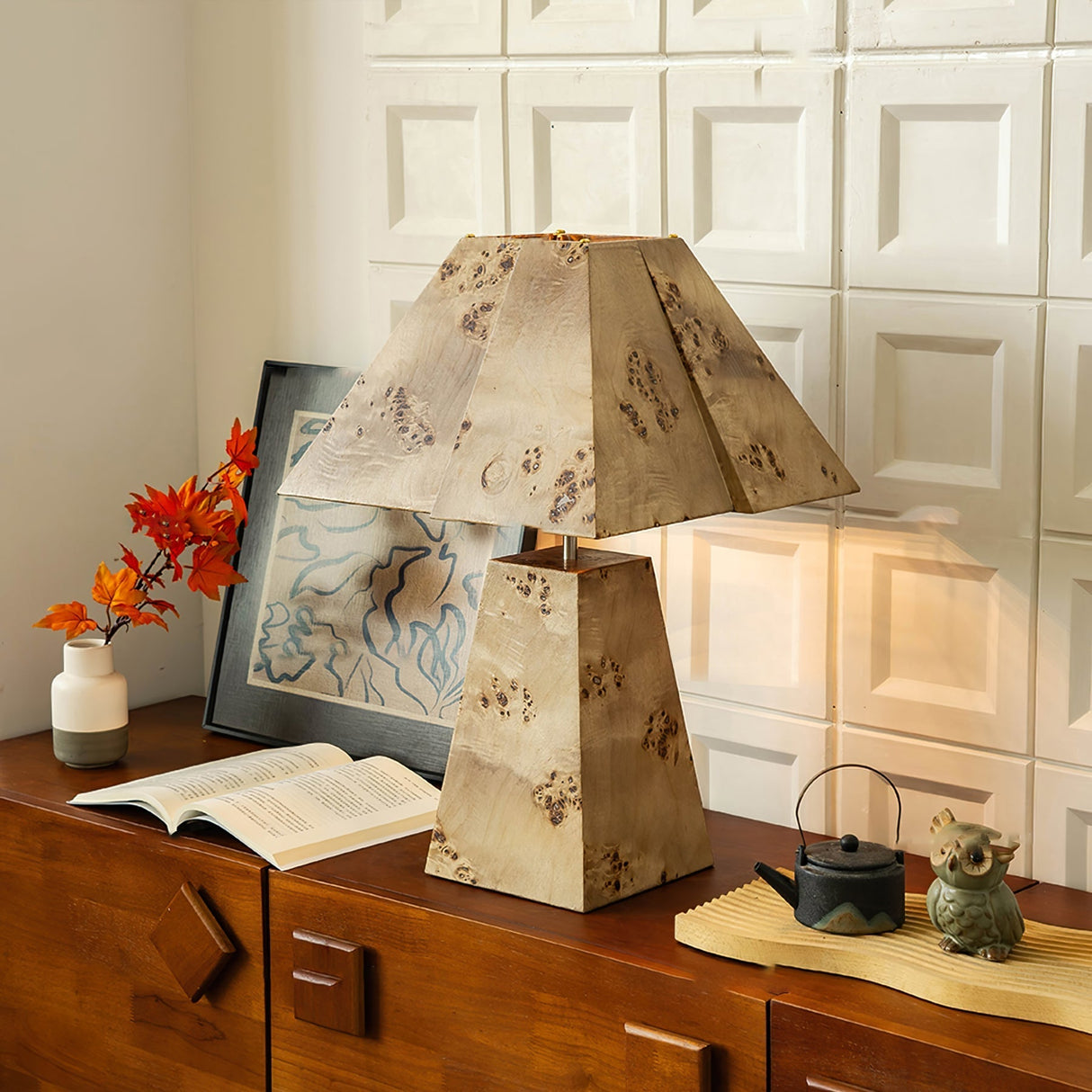 Geometric Wood Table Lamp Pyramid Design With Natural Finish - Product example