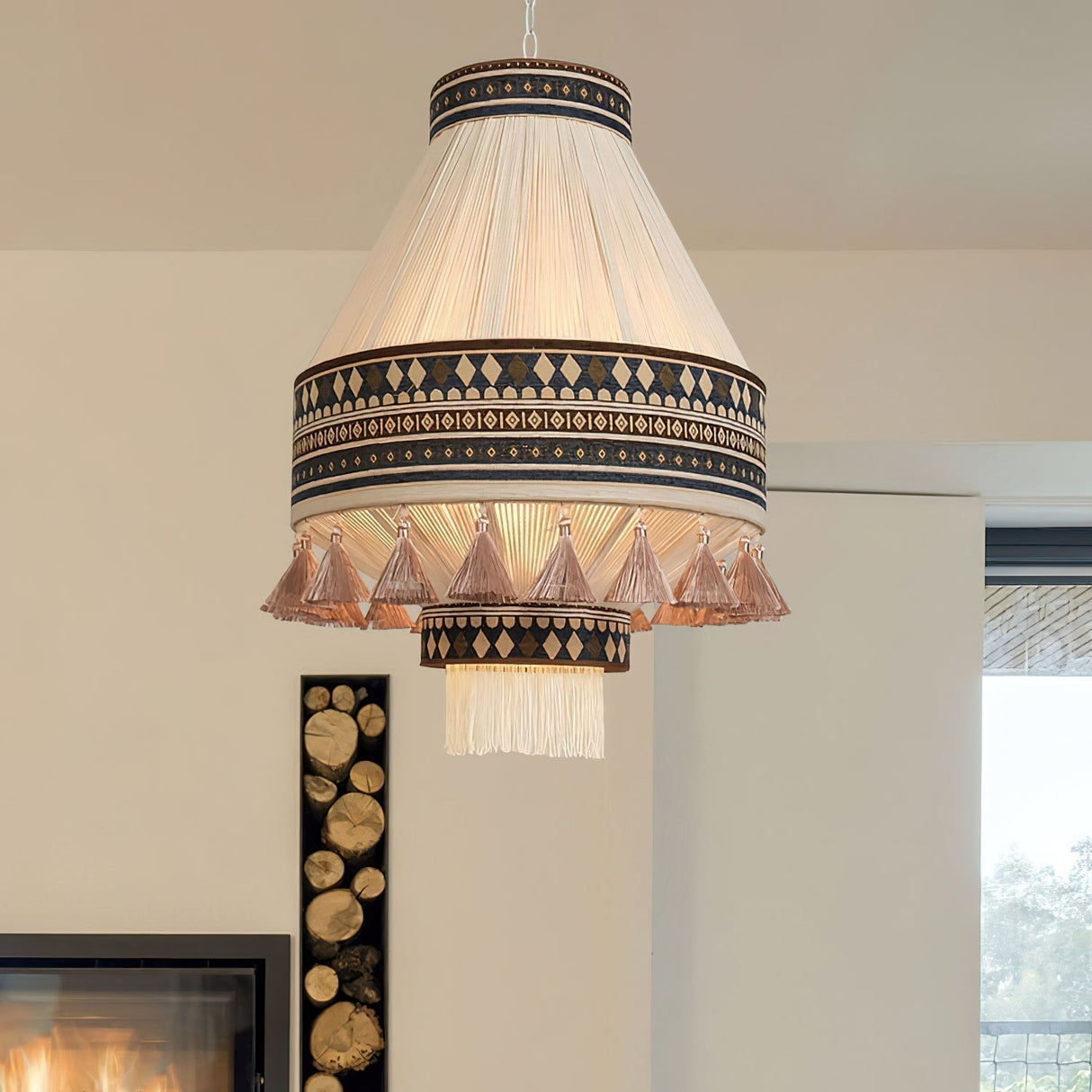 Bohemian Pendant Light Geometric Pattern with Fringe Detail - Detailed view