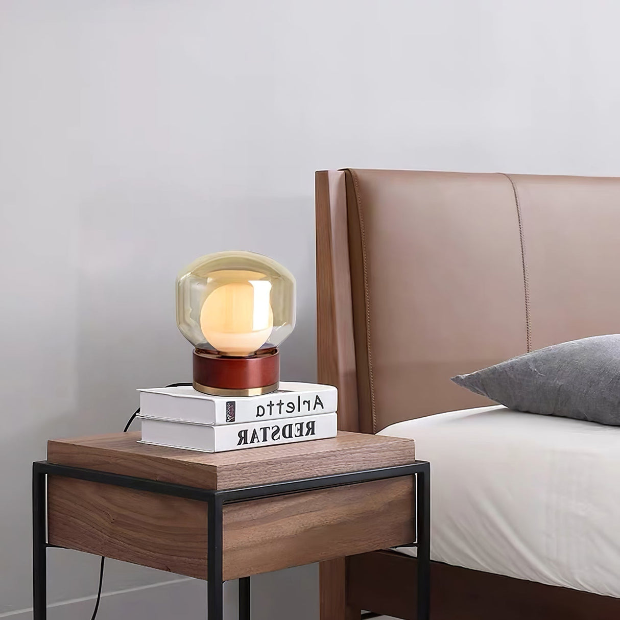 Modern Glass Table Lamp Walnut Base with Amber Shade - Product detail 15