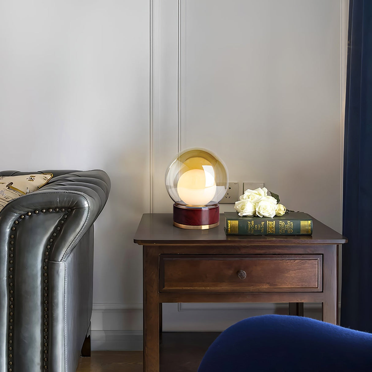 Modern Glass Table Lamp Walnut Base with Amber Shade - Product detail 16