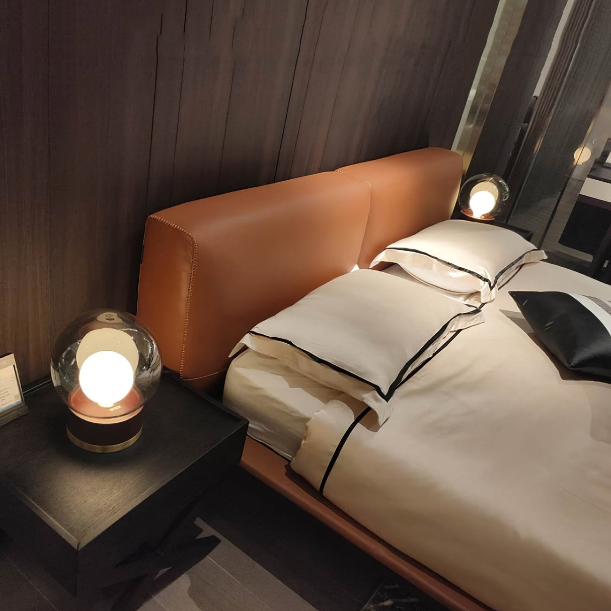 Modern Glass Table Lamp Walnut Base with Amber Shade - Product detail 17