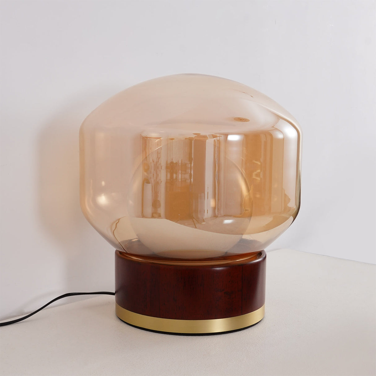 Modern Glass Table Lamp Walnut Base with Amber Shade - Product detail 7