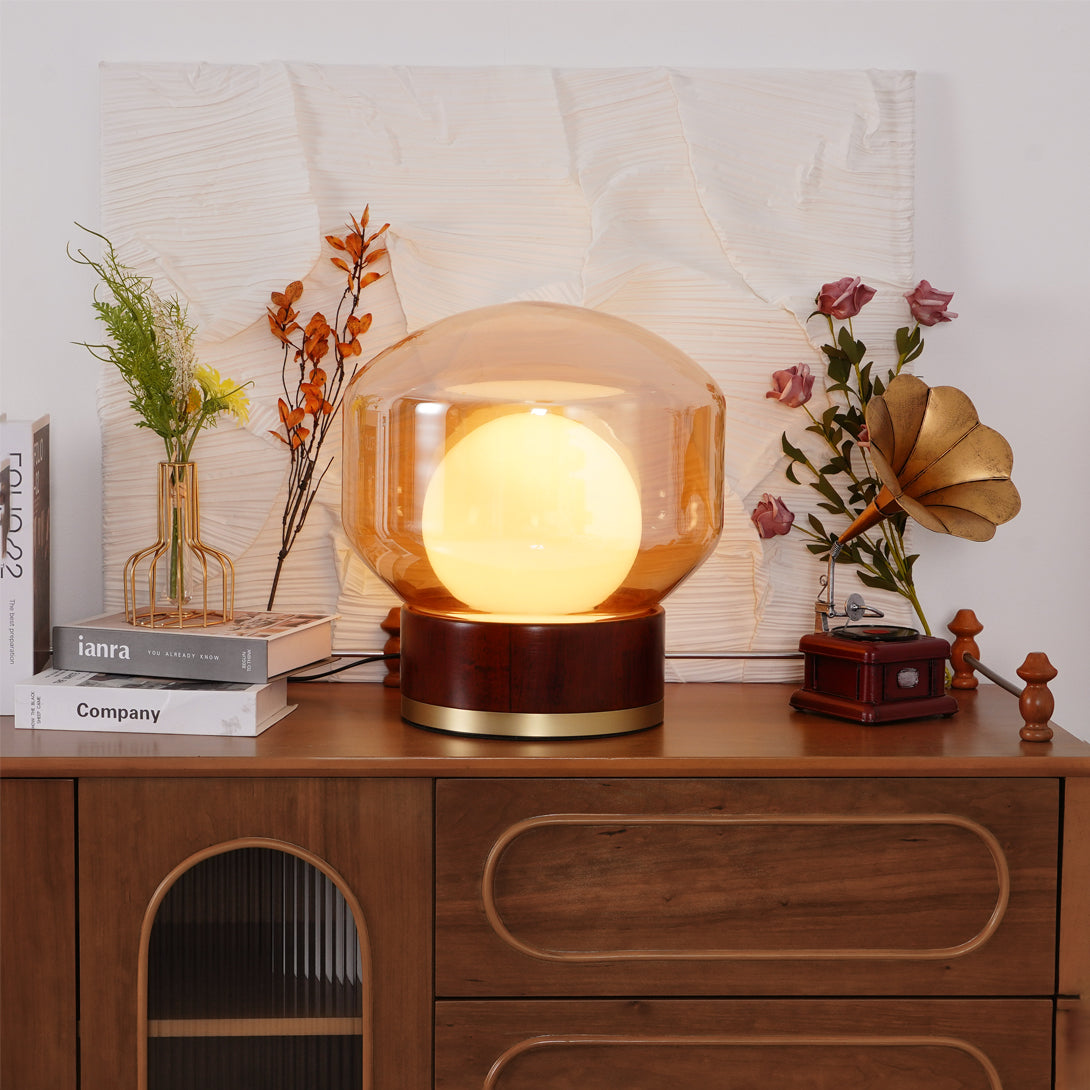 Modern Glass Table Lamp Walnut Base with Amber Shade - Product detail 8