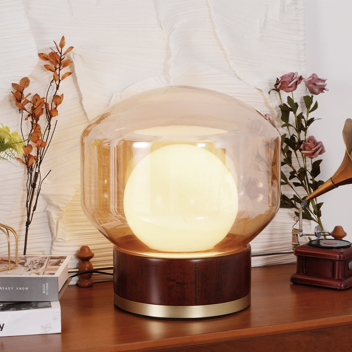 Modern Glass Table Lamp Walnut Base with Amber Shade - Product detail 11