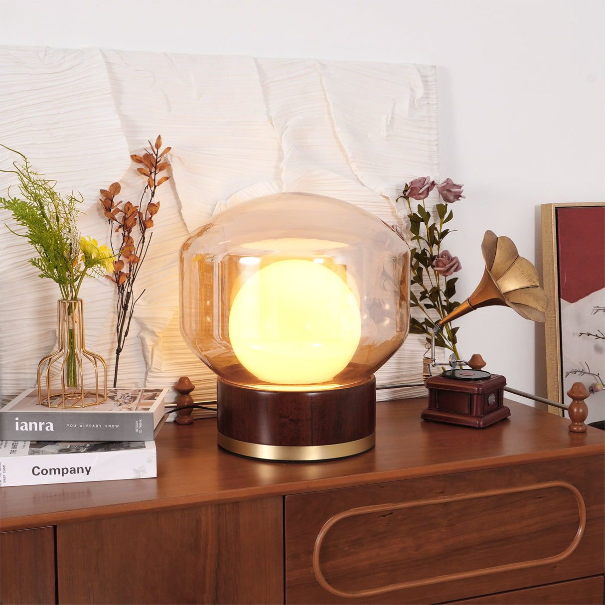 Modern Glass Table Lamp Walnut Base with Amber Shade - Product detail 10