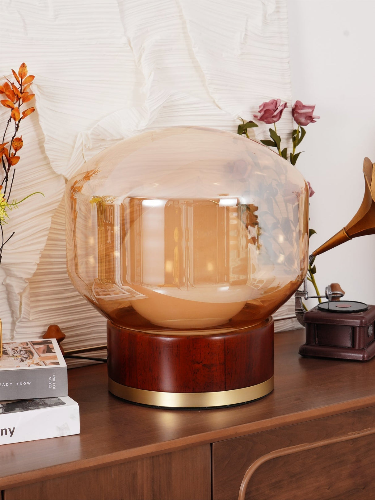 Modern Glass Table Lamp Walnut Base with Amber Shade - Product detail 13