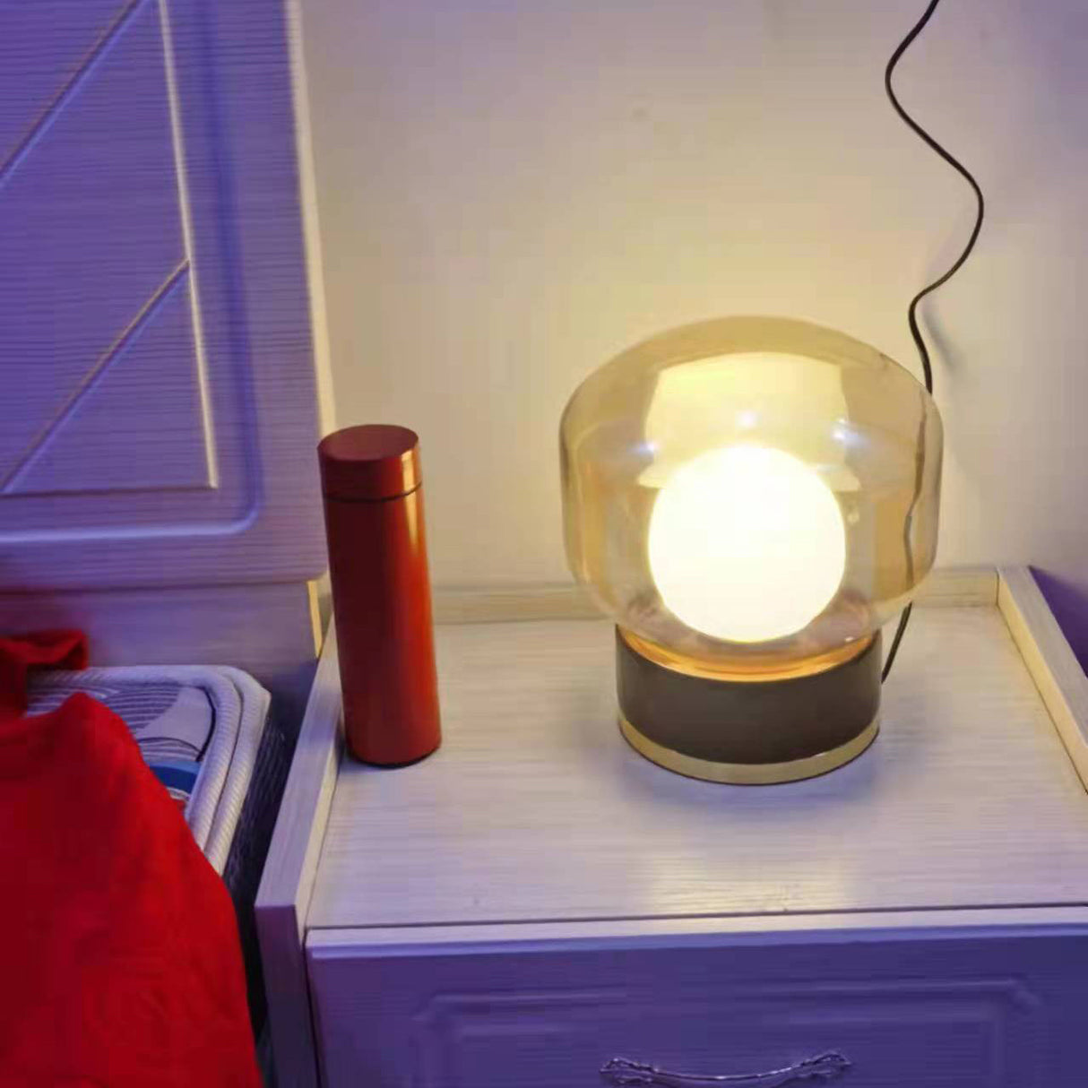 Modern Glass Table Lamp Walnut Base with Amber Shade - Product example
