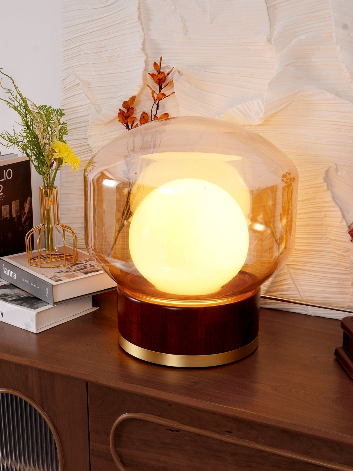 Modern Glass Table Lamp Walnut Base with Amber Shade - Product detail 9