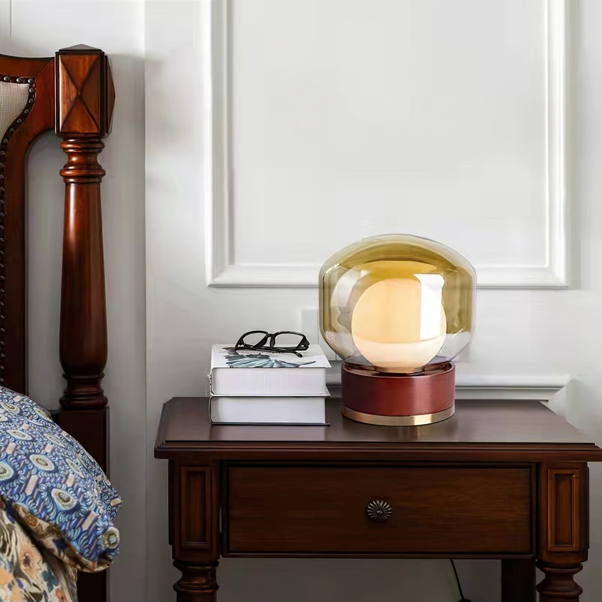 Modern Glass Table Lamp Walnut Base with Amber Shade - Product detail 14