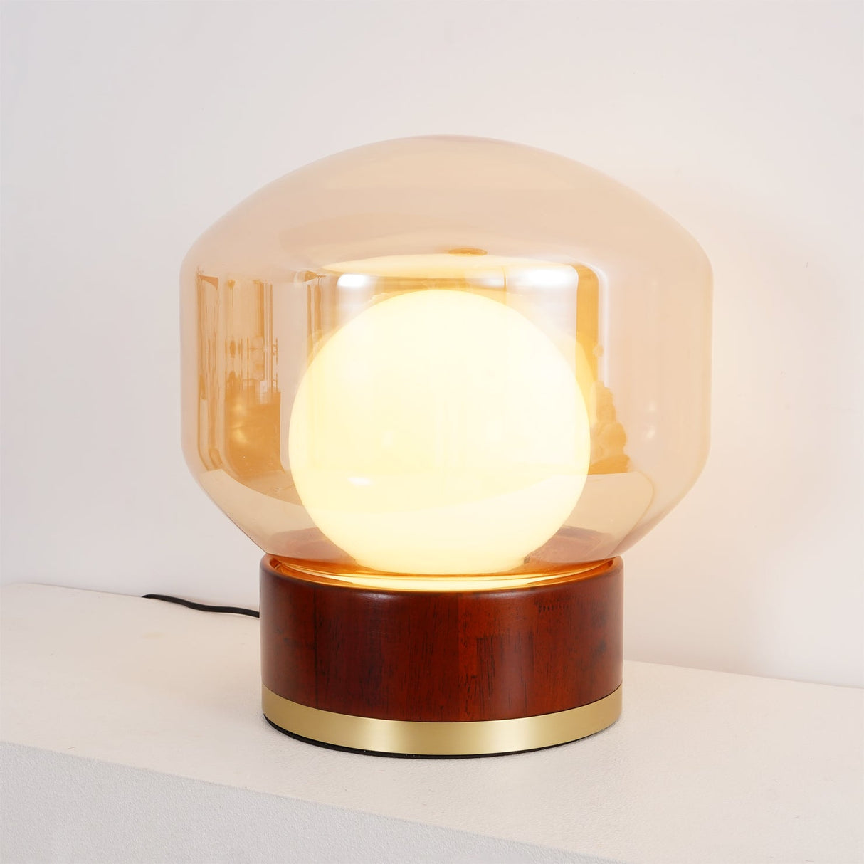 Modern Glass Table Lamp Walnut Base with Amber Shade - Product detail 5