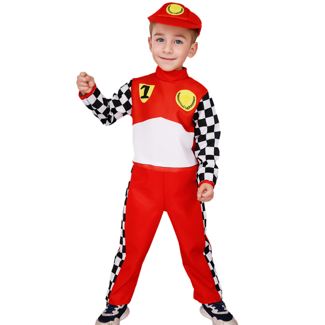 Kids Racing Costume  Checkered Driver Jumpsuit With Cap - Product showcase