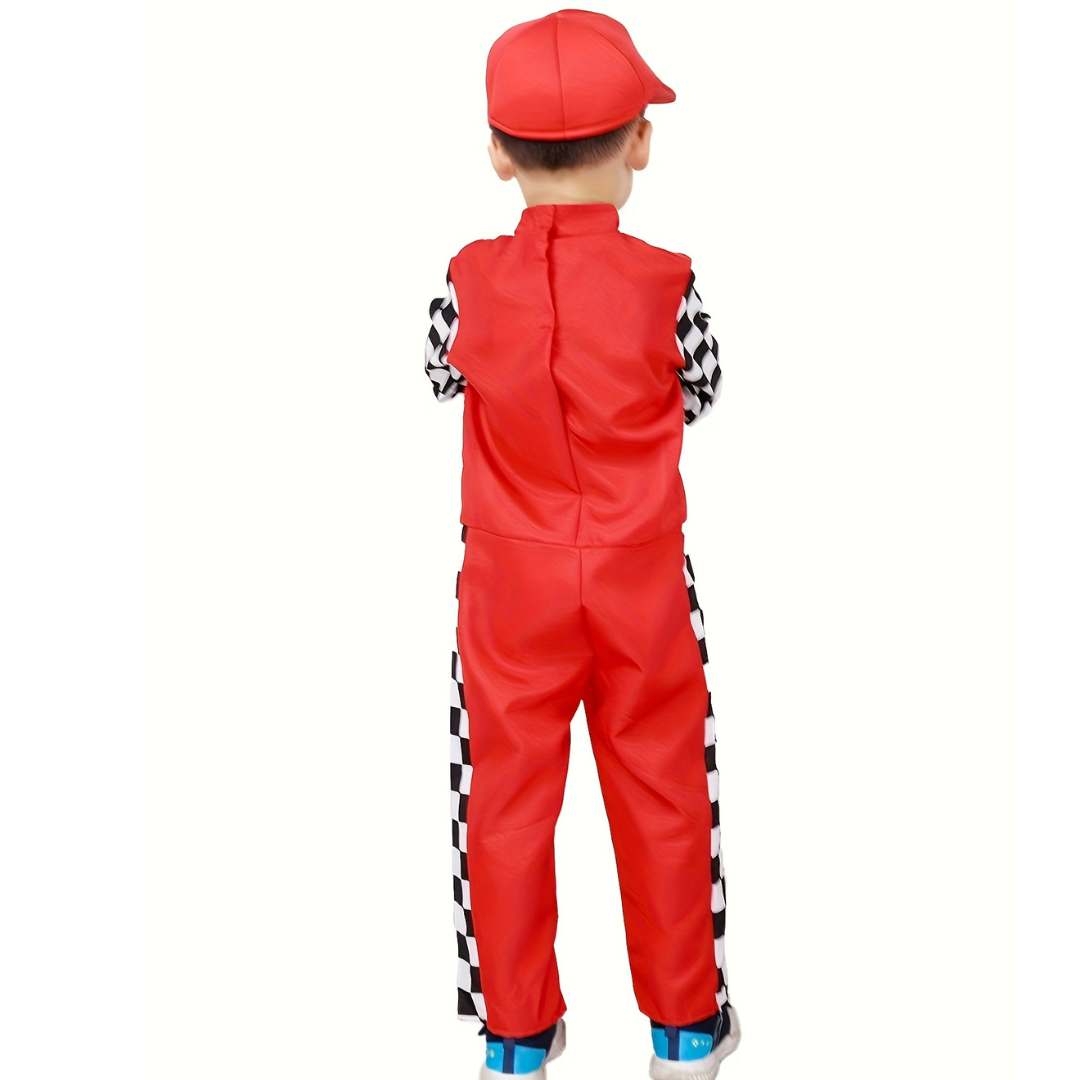 Kids Racing Costume  Checkered Driver Jumpsuit With Cap - Product example