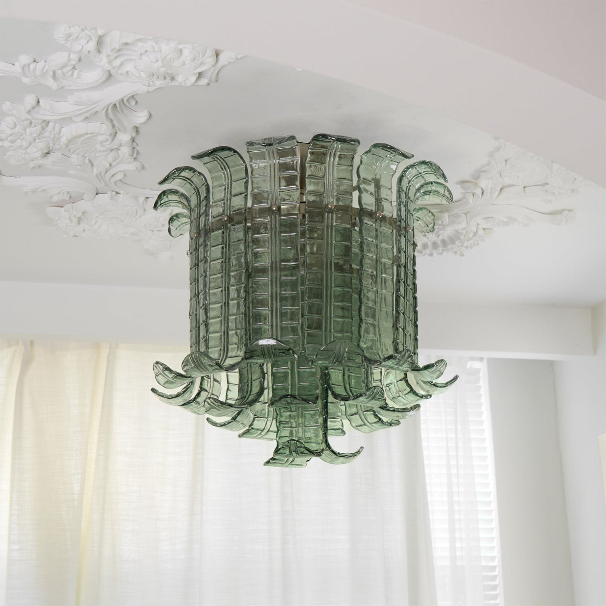 Art Deco Ceiling Light Green Glass Leaf Design - Detailed view