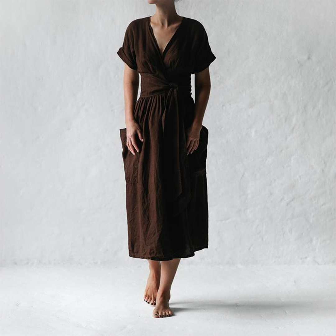 Linen Summer Midi Dress V-Neck Empire Waist Design - Product example