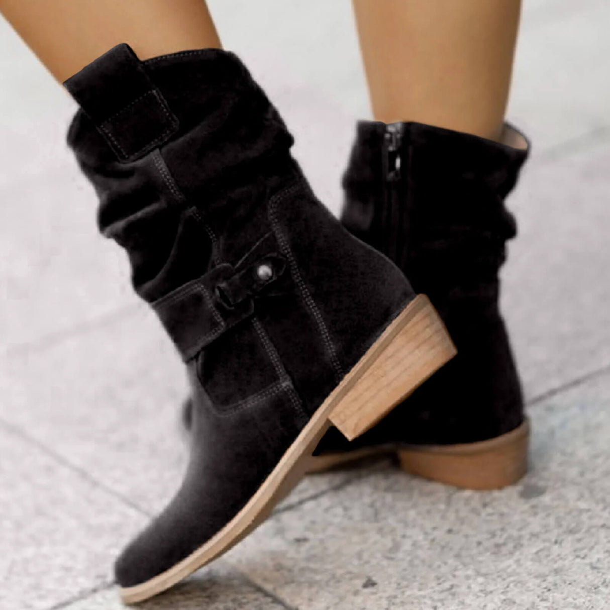 Suede Ankle Boots  Slouchy Design With Wooden Heel - Product example