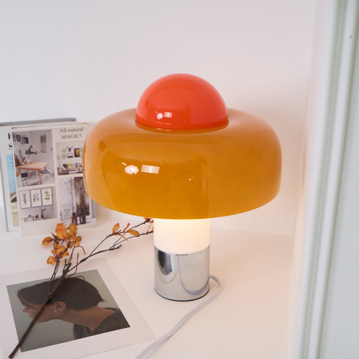 Modern Glass Table Lamp Orange Dome Shade Metal Base - Product detail 11