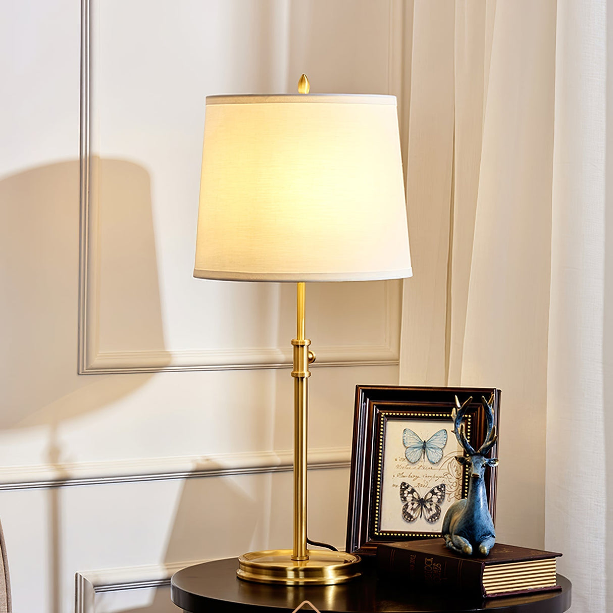 Classic Brass Table Lamp White Linen Shade Adjustable Height - Detailed view