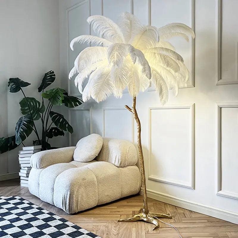 Nordic Feather Floor Lamp Pink Ostrich Plume Gold Stand - Product detail 4
