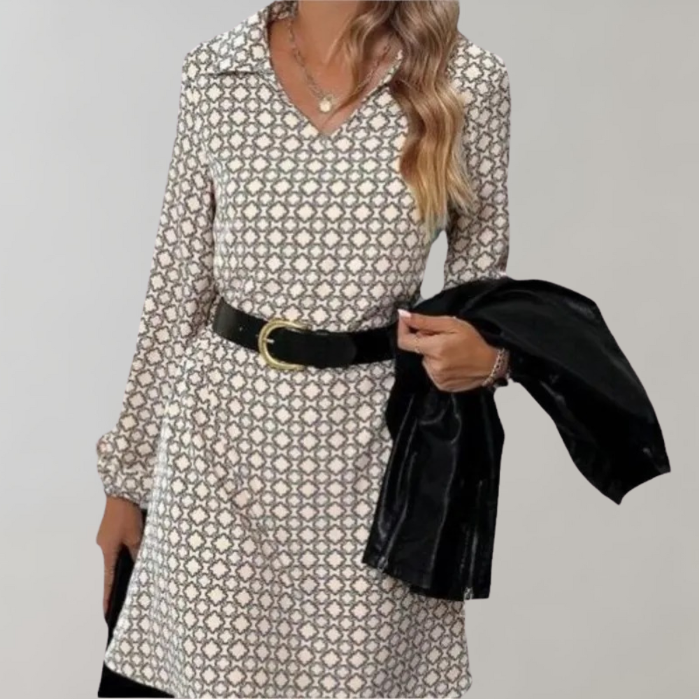 Geometric Print Shift Dress Lantern Sleeve V-Neck Design - Detailed view