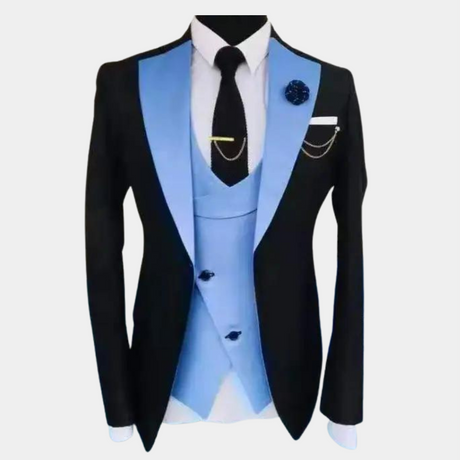 Formal Three Piece Suit  Black With Sky Blue Lapel - Product showcase