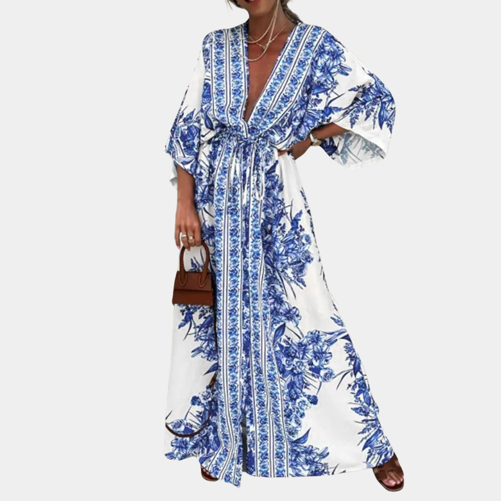 Porcelain Print Maxi Dress Blue Floral V-Neck Design - Product example