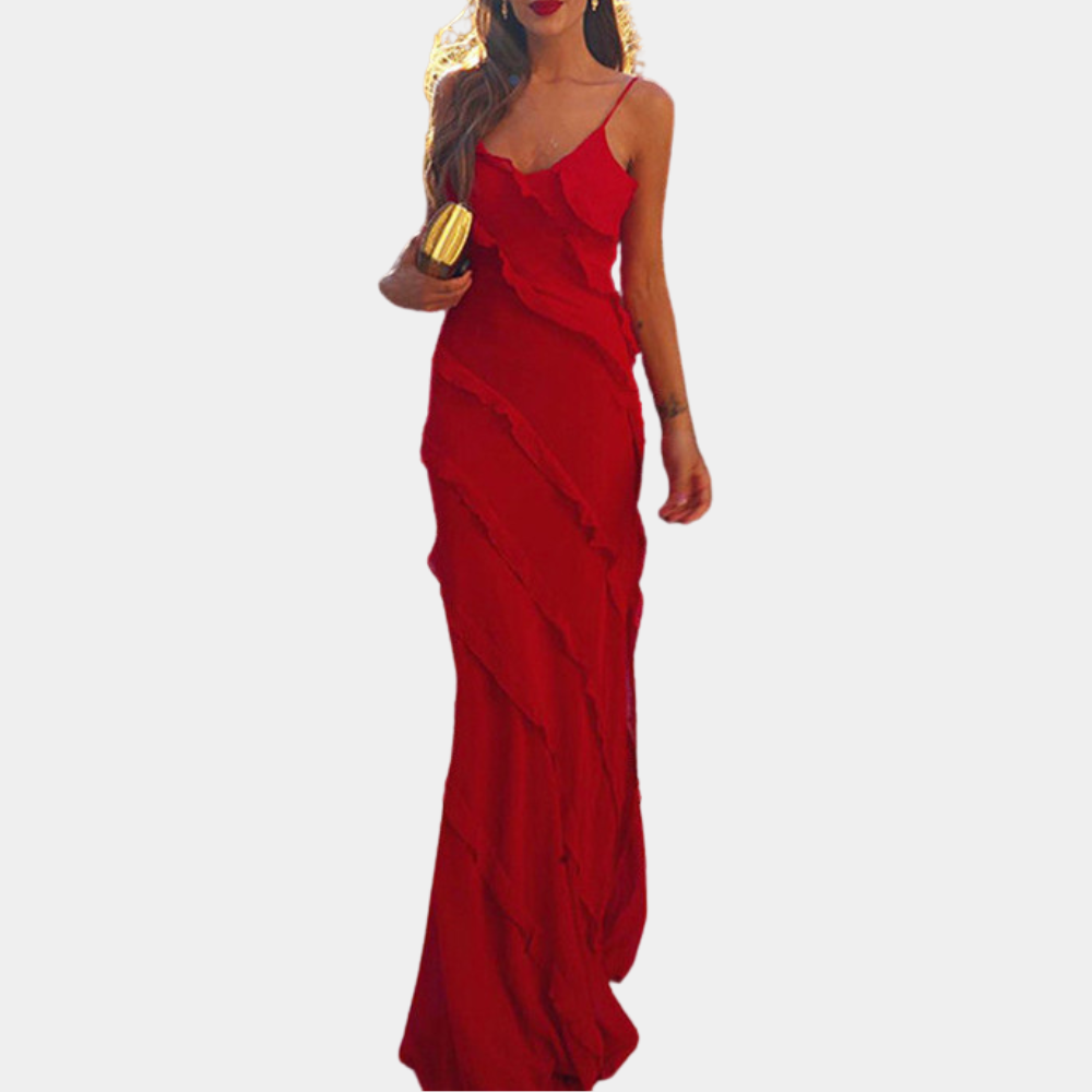 Evening Maxi Dress Cascading Ruffle Design - Detailed view