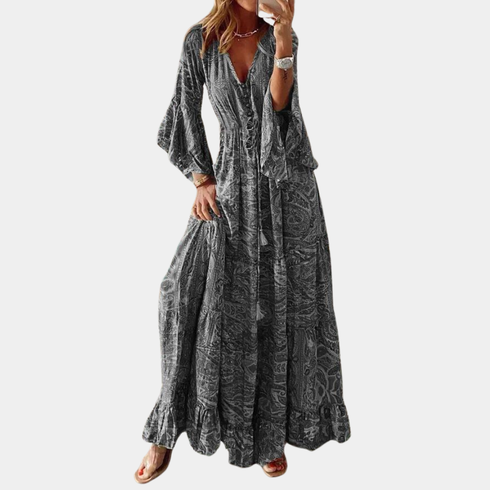 Bohemian Maxi Dress Floral Bell Sleeve V-Neck Design - Product detail 8