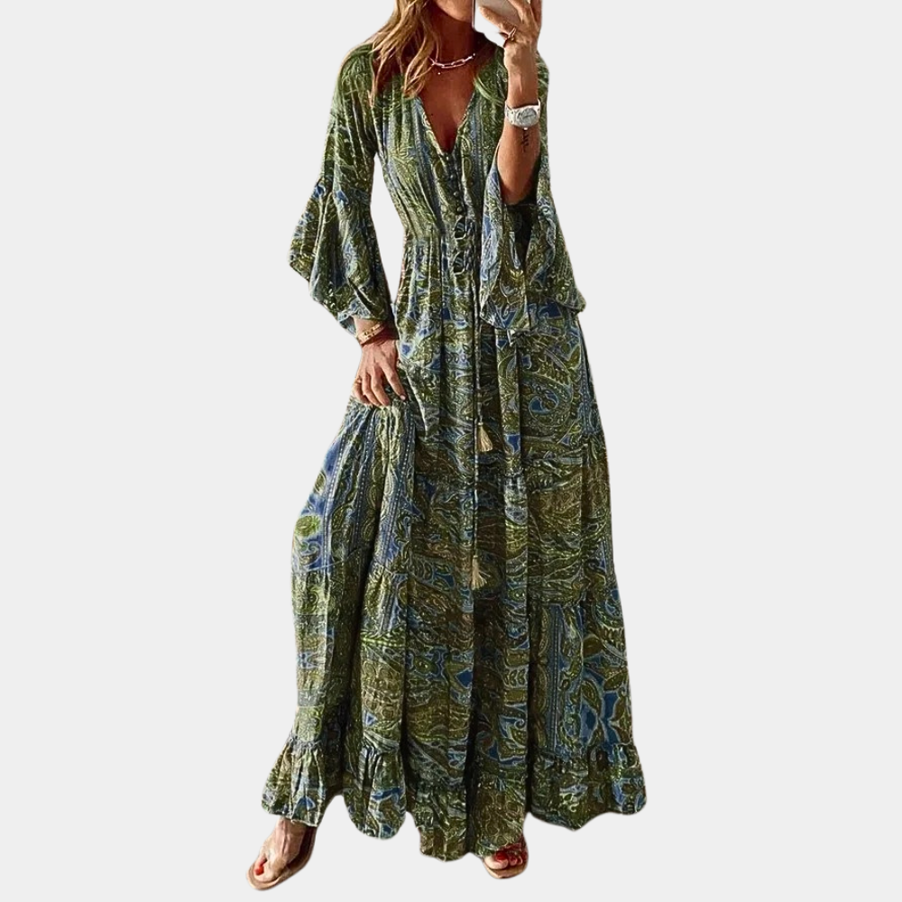 Bohemian Maxi Dress Floral Bell Sleeve V-Neck Design - Product example
