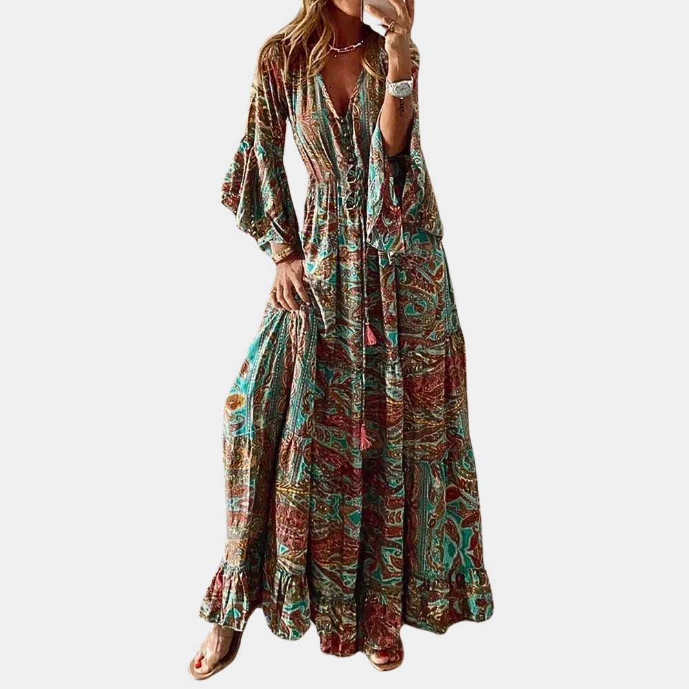 Bohemian Maxi Dress Floral Bell Sleeve V-Neck Design - Product detail 4