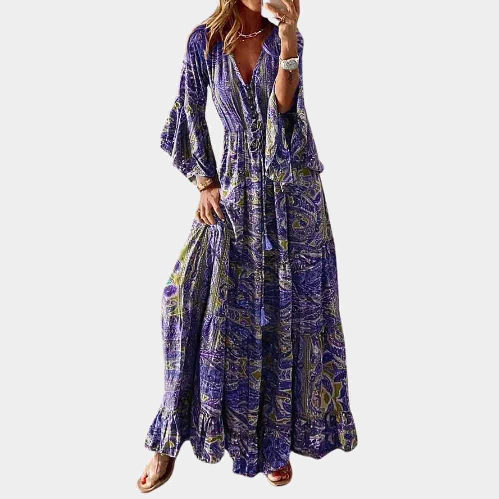 Bohemian Maxi Dress Floral Bell Sleeve V-Neck Design - Product detail 5